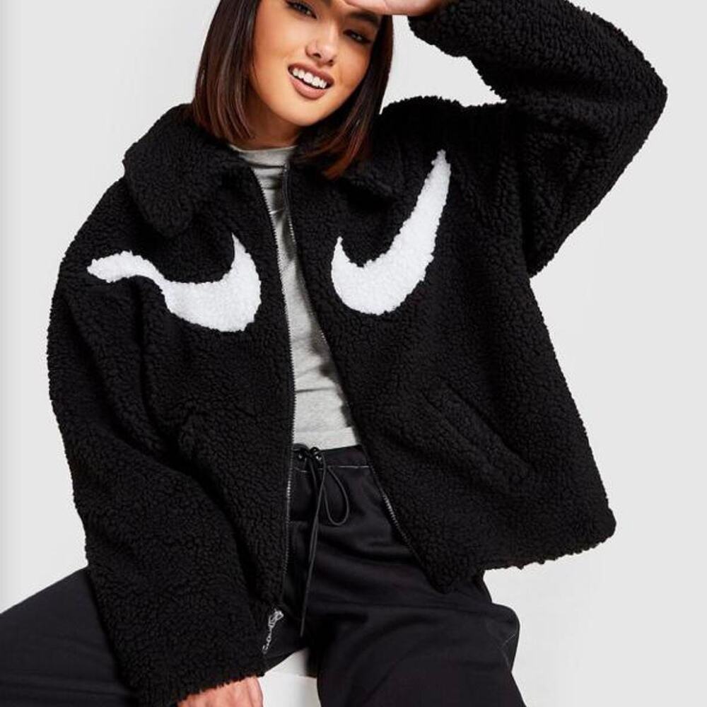 Nike Sportswear Sherpa Fleece Teddy Jacket Black White Swoosh Full Zip XS Cozy